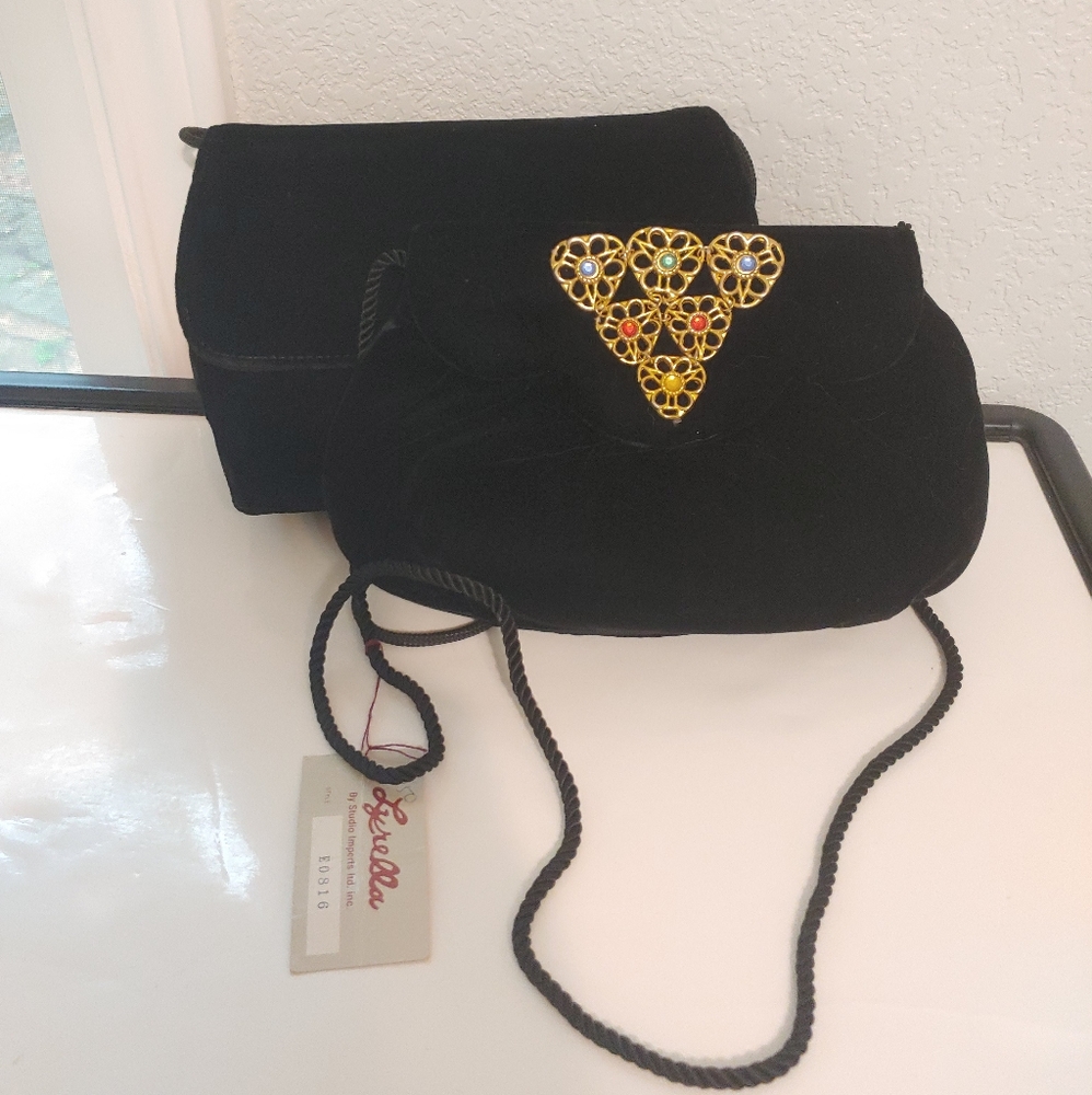 Lot of 2 Retro Vintage Black Velvet Evening purse